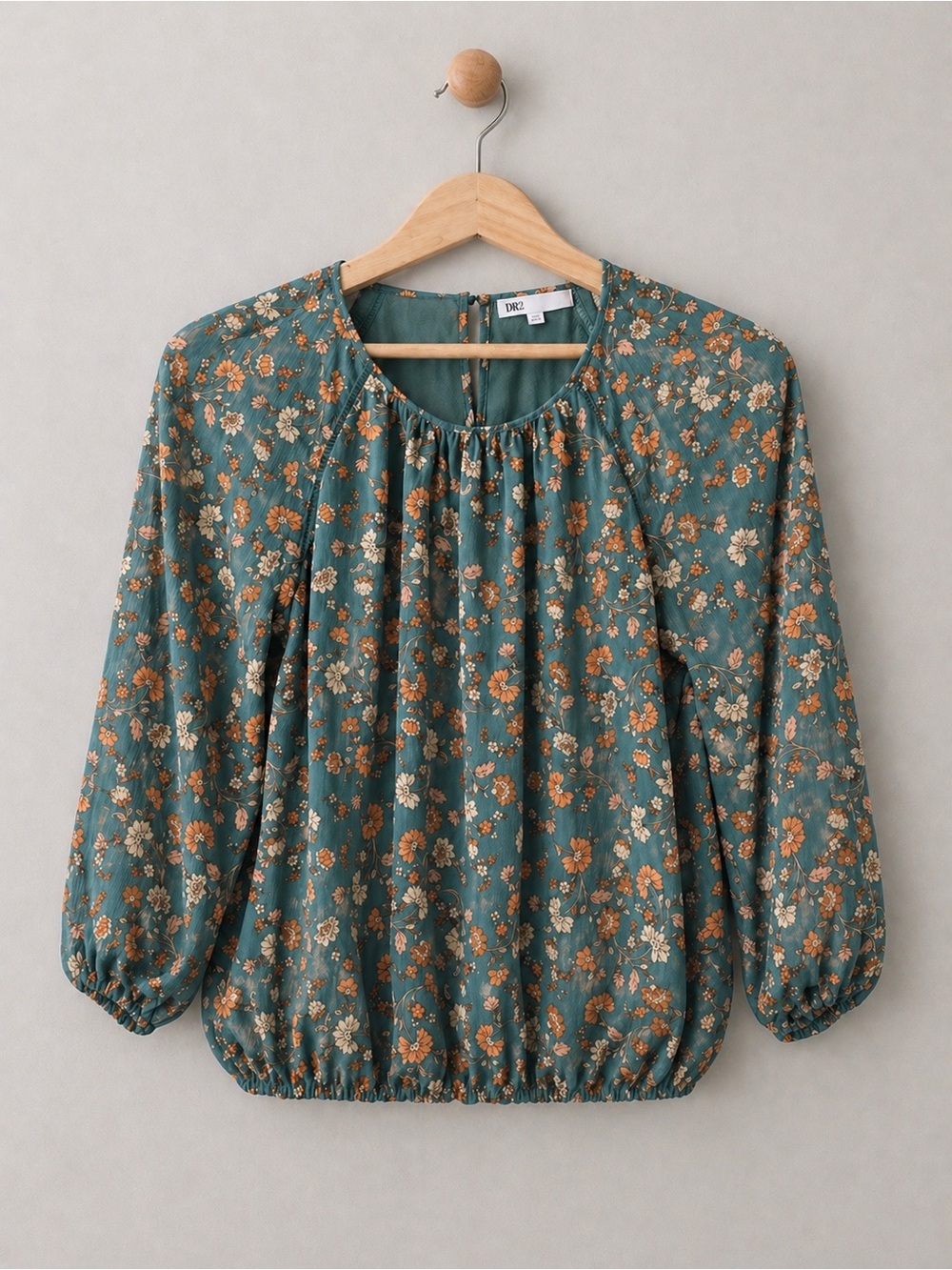 DR2 Floral Blouse Medium Boho Green Orange Peasant Top  Elastic Hem Flowy